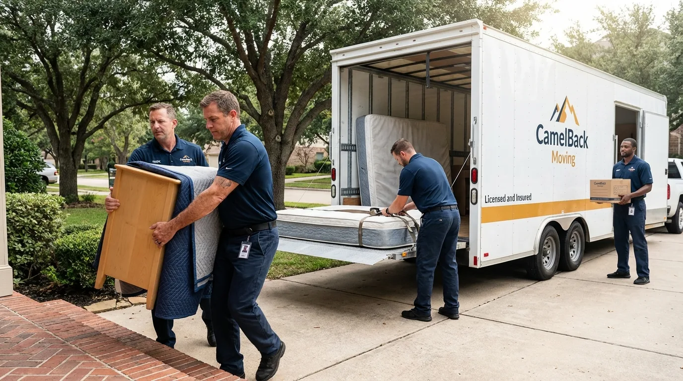 Crew loading residential truck for cross-state move from San Antonio, FL