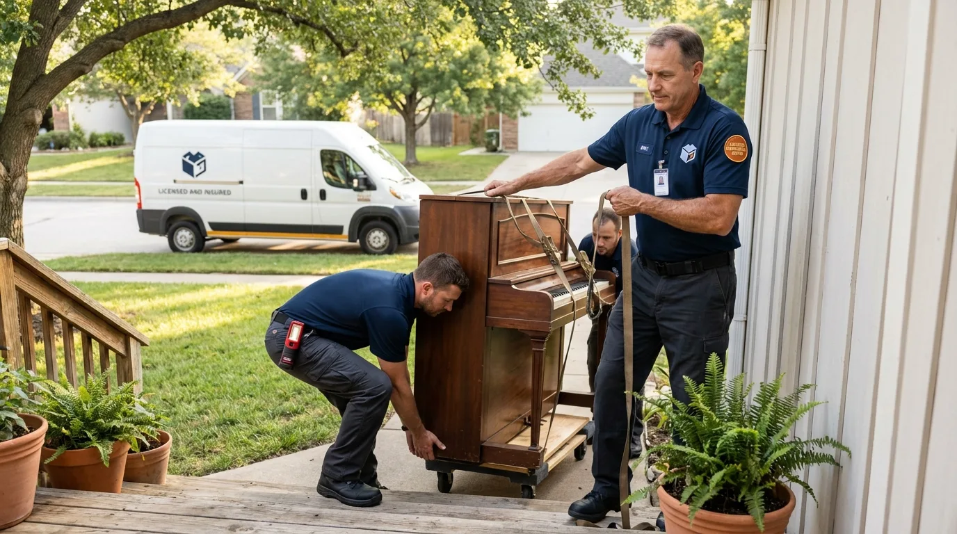 Licensed piano movers securing grand piano in San Antonio, FL