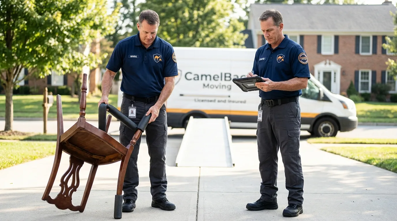 Movers inspecting furniture for damage prevention before loading in San Antonio, FL