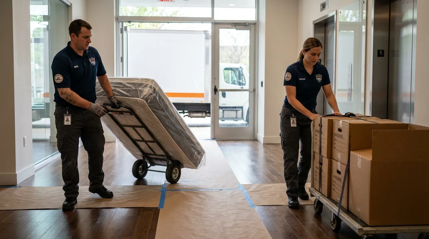 Professional apartment movers loading elevator in San Antonio, FL