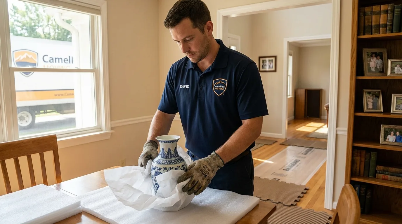 Professional crew carefully wrapping antique vase for senior downsizing move in San Antonio, FL